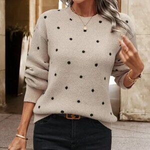 Khaki Casual Women's Polka Dot Pattern Drop Shoulder knit Sweater top